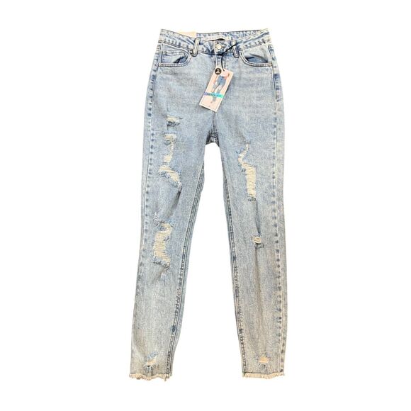 Tinseltown Jeans Womens 5 Blue Denim Mom Destroyed Distressed Cut Off High Rise - Picture 1 of 11